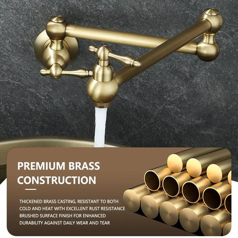 ZBSAVFM Foldable Wall Mount Kitchen Faucet Brass Construction 720° Rotating Extendable Design Easy Installation Over Stove perfect for sink use, showing flowing water.