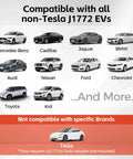 Image showcasing compatibility of Road Trip Ready Portable Level 1 And 2 EV Charger With J1772 Connector with various non-Tesla EVs.