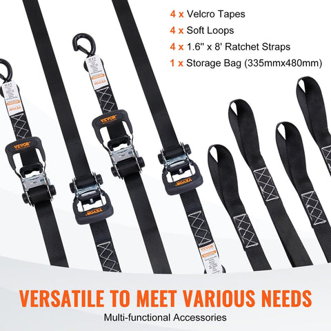 Beefy 4 Pack Heavy Duty Ratchet Tie Down Straps Set 1.6 Inch By 8 Foot With Padded Handles Coated S Hooks Soft Loop 5208 Lbs