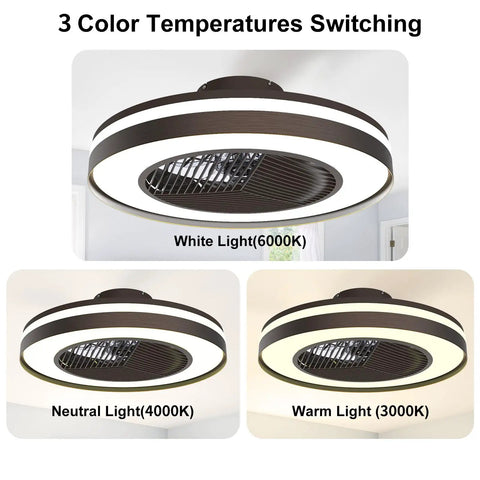 Smart Ceiling Fan With Lights Remote Control Dimmable LED Lighting 20 Inch Enclosed Bladeless Fan Semi Flush Mount Brown Finish