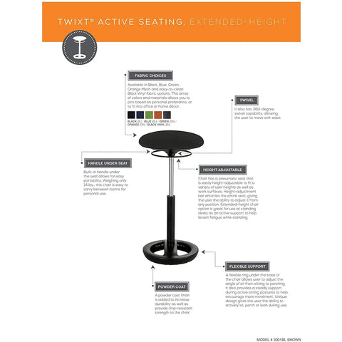 Twixt Active Seating Orange For All Day Move And Better Posture With Ergonomic Support Flexible Ring Under Base Lets You Tilt The Seat And Extended Height For Desk Comfort product diagram