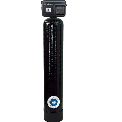 AFWFilters AIP15 air-injection iron filter on black Vortech tank with stainless steel bypass, 1-inch FNPT