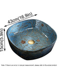 Slick Blue Ceramic Vessel Sink Featuring Hand Painted Vintage Design For Bathroom Vanity Tops, 43cm x 15cm size.