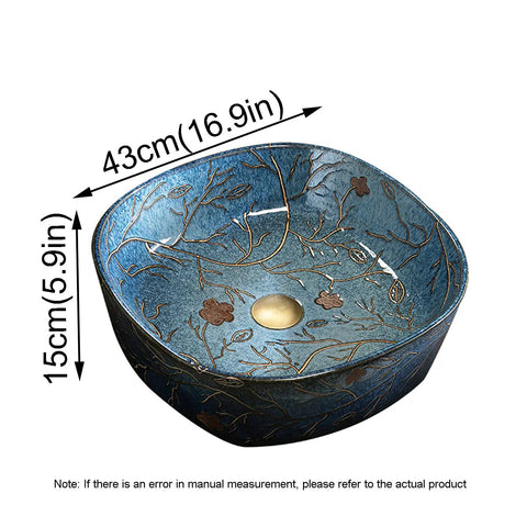 Slick Blue Ceramic Vessel Sink Featuring Hand Painted Vintage Design For Bathroom Vanity Tops, 43cm x 15cm size.