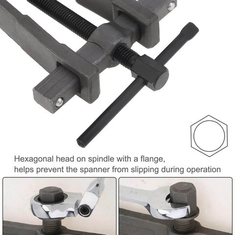 Close-up view of Two Jaw Gear Puller with adjustable arms and hexagonal spindle head for internal and external bearing removal.