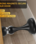 Side view of a Four Pack Magnetic Door Stop No Drilling With 3D Adhesive Tapes Keeps Doors Open And Silent Easy Install Durable Stainless Steel Mount With Included Screws Black Finish Great For Home And Office installed on a door and floor.