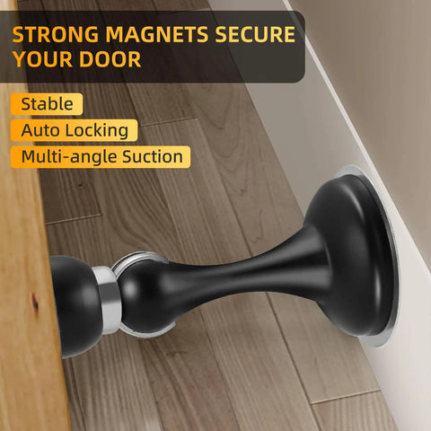 Side view of a Four Pack Magnetic Door Stop No Drilling With 3D Adhesive Tapes Keeps Doors Open And Silent Easy Install Durable Stainless Steel Mount With Included Screws Black Finish Great For Home And Office installed on a door and floor.