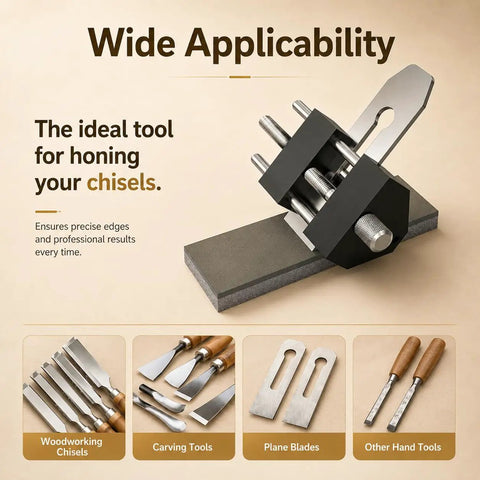 Dead On Edge Precision Chisel Sharpening Jig Kit With Dual Grit Stones for honing chisels, featuring precise edge prep on a stone.