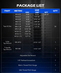 Package list for Comprehensive SAE And Metric Tap And Die Set For Threading And Rethreading Internal And External Threads Includes Pro Grade Adjustable Wrenches T Handle Tap Wrench And One Eighth Inch Flathead Screwdriver Orion Motor Tech.