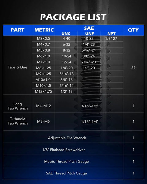Package list for Comprehensive SAE And Metric Tap And Die Set For Threading And Rethreading Internal And External Threads Includes Pro Grade Adjustable Wrenches T Handle Tap Wrench And One Eighth Inch Flathead Screwdriver Orion Motor Tech.