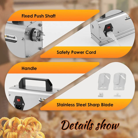 Heavy Duty 3 In 1 Tornado Potato Slicer That Slays Spiral And Straight Cuts With Rust Proof Stainless Steel Blades for easy handling and safety features.