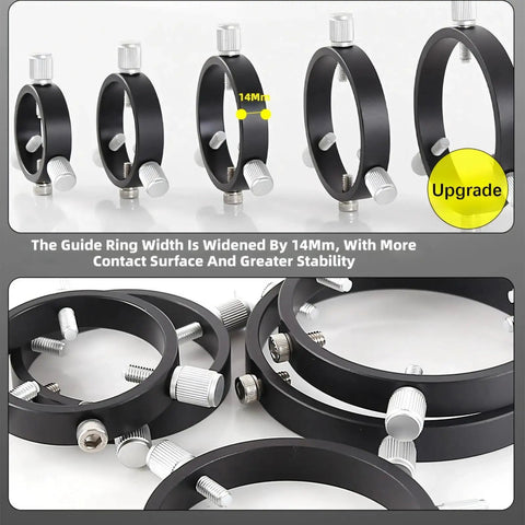 Three Point Astrophotography Guide Rings with Precision Guiding System Pro Grade Lightweight Metal Build shown in size comparison.