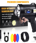 Beast Mode 2,000,000 Lumens Rechargeable Spotlight with Solar Panel package and accessories displayed.