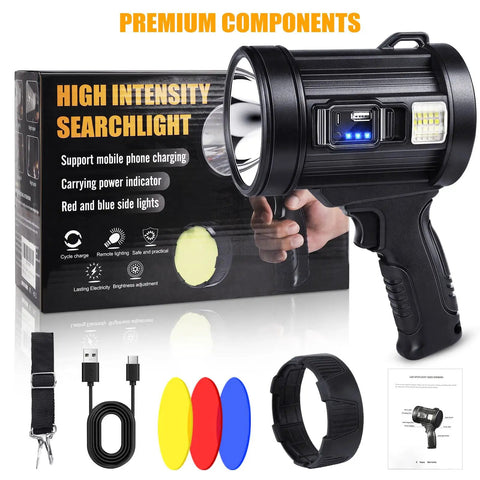 Beast Mode 2,000,000 Lumens Rechargeable Spotlight with Solar Panel package and accessories displayed.