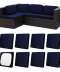 8 Piece Patio Cushion Covers Set For Outdoor Cushions That Stretch To Fit 20 To 27 Inch Cushions Durable Soft Polyester Spandex Material Washable And Reusable Furniture Protectors Navy Blue shown on sofa