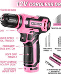Pink Cordless Drill Set for Women 12V Electric Drill Driver Kit with 1.5Ah Li Ion Battery Portable Tool Box DIY Home Improvement Must Have Case Included Handy Power Tools for Household Repairs with accessories.