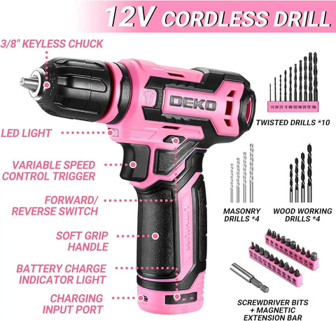 Pink Cordless Drill Set for Women 12V Electric Drill Driver Kit with 1.5Ah Li Ion Battery Portable Tool Box DIY Home Improvement Must Have Case Included Handy Power Tools for Household Repairs with accessories.