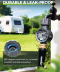 Super Handy Water Flow Meter With Five Percent Accuracy for RVs, garden hoses, with swivel inlet attached to outdoor faucet