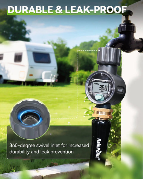 Super Handy Water Flow Meter With Five Percent Accuracy for RVs, garden hoses, with swivel inlet attached to outdoor faucet