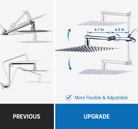 Diagram showing upgrade of 13 Inch Shower Head Extension Arm with solid brass construction and angle adjustment, chrome finish.
