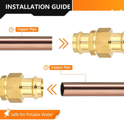 Installation guide for No Sweat Copper Press Union Coupling Heavy Duty Lead Free Brass Plumbing Fitting connecting copper pipes.