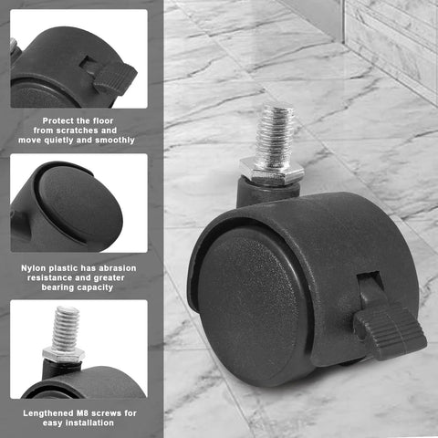 Close-up of 4Pcs 1 Inch Plastic Caster Wheels With Swivel M8 X 13mm Stem, Black Nylon And Metal Construction, 30mm Wheel Diameter, Each Caster With Locking Brake