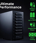 Usb 4 0 Type C Eight Bay Sata Hard Drive Enclosure showing 8 bays, USB4 connection, and ventilation for cooling.