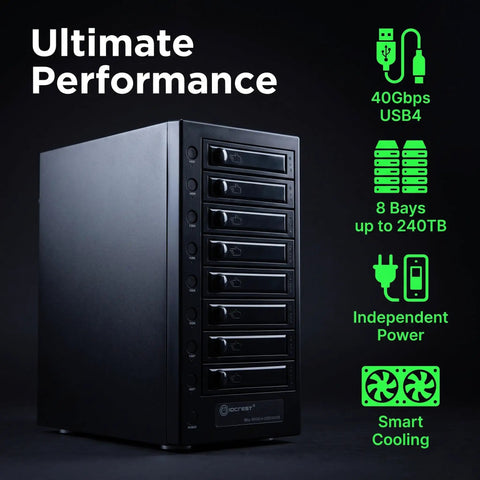 Usb 4 0 Type C Eight Bay Sata Hard Drive Enclosure showing 8 bays, USB4 connection, and ventilation for cooling.