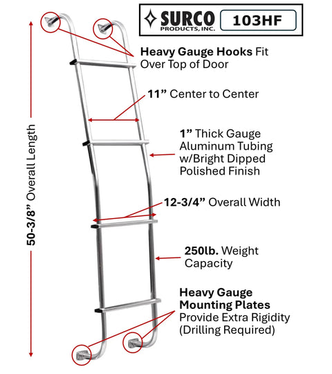 Hook Over Style Aluminum 4 Step Van Ladder For Ford E Series Vans 1980 To 2013 With Brite Dipped Polished Finish Heavy Gauge 1 Inch Tubing And Extra Thick Mounting Brackets For Strong Durable Safety Enhanced Access. 50-3/8 in ladder