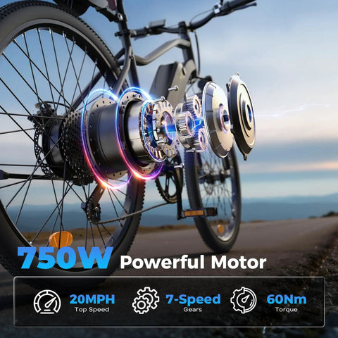 Powerful 750W Electric Bike for Adults, showcasing motor and gearing, City Cruiser with 26 inch tires for daily rides and easy hills