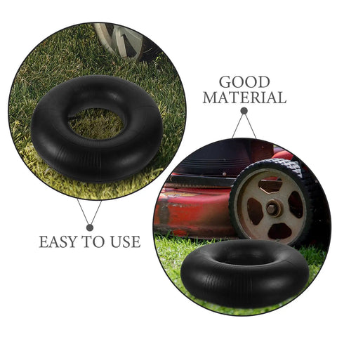 Two Heavy Duty 2 Pack Inner Tubes for 15x6-6 lawn mower wheels, shown on grass next to a mower, featuring straight valve design.