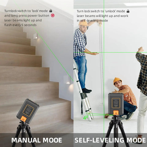 Self Leveling Cross Line Laser Level With 100ft Range Green Beam 10 Brightness Levels Carrying Pouch Included Ideal For Picture Hanging DIY Construction Indoor Projects on tripod