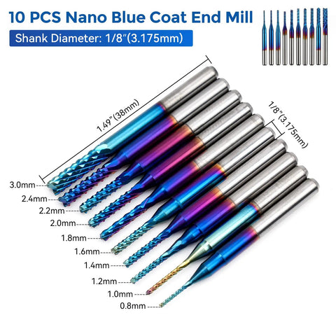 Ten colorful nano blue coat end mills with 1/8" shank diameter, arranged in a row, used for precise cutting and engraving.