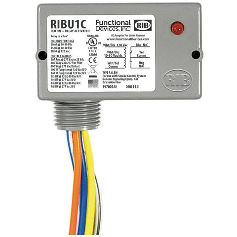 Enclosed Pilot Relay RIBU1C, 10 Amp SPDT With 10-30 VAC/DC/120 VAC Coil, wires visible at bottom angle