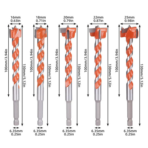 Blast Through Solid Wood Without BreakingASweat With This Knockout Forstner Drill Bit Set featuring 16mm to 25mm tungsten carbide cutters.