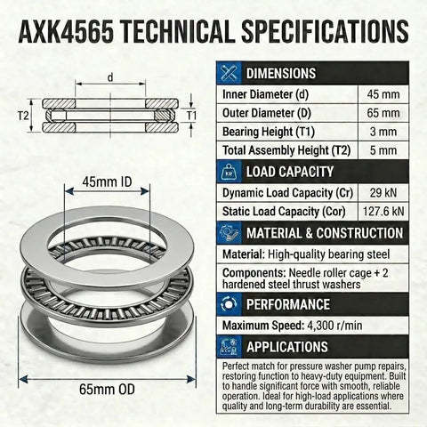Pro Grade Heavy Duty Needle Roller Thrust Bearing and Washer Set dimensions and specifications chart 4565 2AS