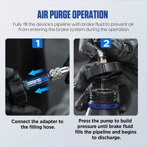 Image showing air purge operation for 3L Brake Bleed Kit With Manual Brake Bleeder Vacuum Pump Includes 1L Waste Oil Bottle 5 Adapters.