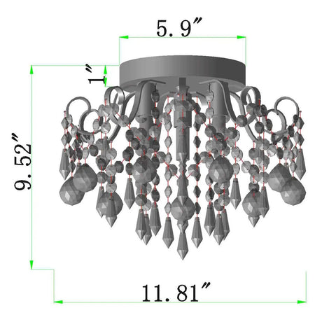 Dimensions of Small Crystal Chandelier Flush Mount Ceiling Light Three Light Modern Sleek Chrome Iron Raindrop Fixture