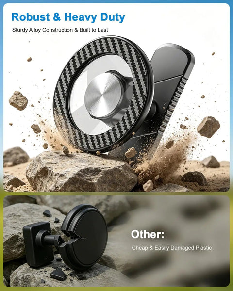 Knockout Magnetic Golf Cart Phone Mount With Heavy Duty Aluminum Bracket, robust design on rocky terrain, showcasing strong grip.
