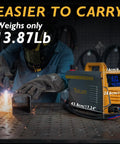 60 Amp Plasma Cutter With Non High Frequency Pilot Arc For Pro Grade Real Smooth Cuts Up To Three Quarters Inch Digital Display DC Inverter Dual Voltage 110 Or 220 Volts in use by worker welding metal.