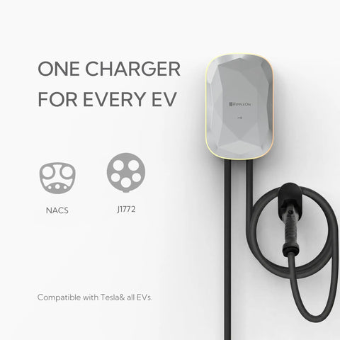 No Sweat Level 2 EV Charger 40 Amp 240V Home Wall Mount Electric Vehicle Plug In Station With Smart App Control And Rfid Card J1772 Nacs, wall-mounted, with charging cord and connectors.