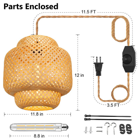 Plug In Pendant Light With Handmade Bamboo Lampshade Boho Rustic Chandelier Dimmer Switch Woven Rattan Basket Shade Indoor
