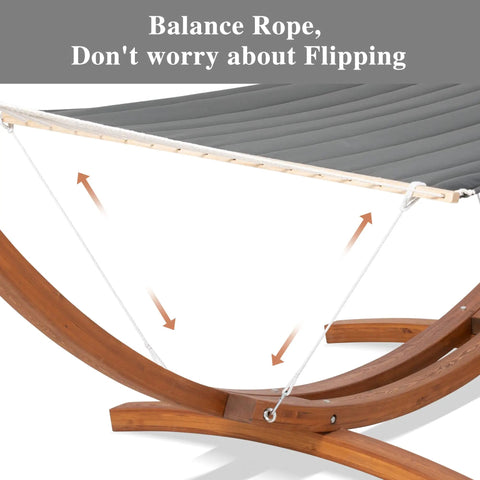 Cozy Double Hammock With Sturdy Wooden Stand For Outdoors, Fade Resistant Quilted Polyester Fabric, 475 Lb Capacity, Great For Camping, Backyard Lounging And Patio Relaxation, Dark Gray with balance rope feature.