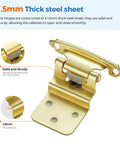 Game Changer Self Closing Soft Close Cabinet Hinges, 3/8 Inch Inset Brushed Gold Finish, 60 Pack showing 1.5mm thick steel construction.