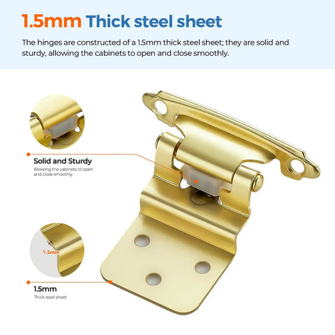 Game Changer Self Closing Soft Close Cabinet Hinges, 3/8 Inch Inset Brushed Gold Finish, 60 Pack showing 1.5mm thick steel construction.