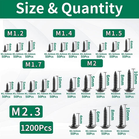 1200 Pcs Black Phillips Truss Head Self Tapping Screws Set M1.2 To M2.3 With Washer Wafer Head And Pan Head Wood Fasteners