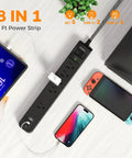 8 In 1 Power Strip Surge Protector With 5 Widely Spaced Outlets, 3 USB Ports, devices connected, braided cord on desk