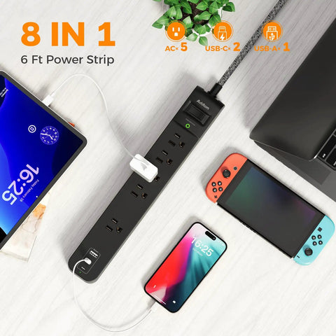 8 In 1 Power Strip Surge Protector With 5 Widely Spaced Outlets, 3 USB Ports, devices connected, braided cord on desk