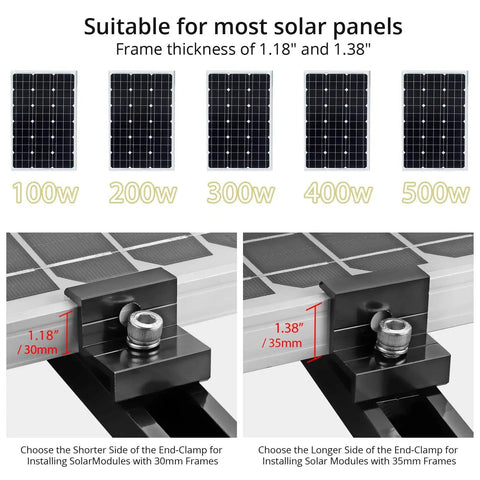 Diagrams showing end clamps for Aluminum Solar Panel Mounting Kit With 4.72 Inch Rails, 30mm and 35mm compatibility