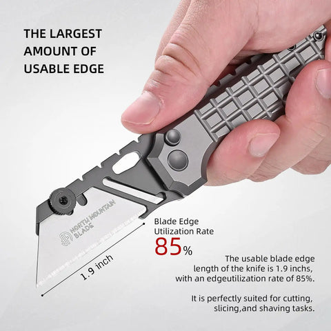 Built Different Cnc Titanium Folding Utility Knife With Secure Button Lock Quick Swap Razor Blades Heavy Duty Steel Core And Rugged Pocket Clip For Daily Work showing 1.9 inch blade edge for cutting.
